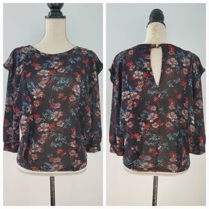 FREE PEOPLE Black Floral Long Sleeve Blouse Like New XS Ruffle Detail Red Blue